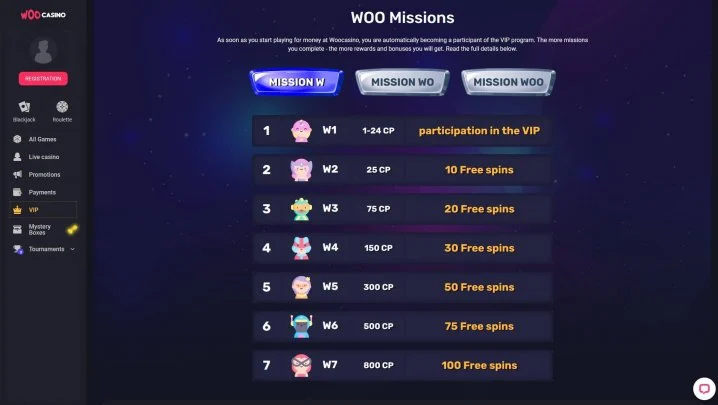 Woocasino bonus promotions page